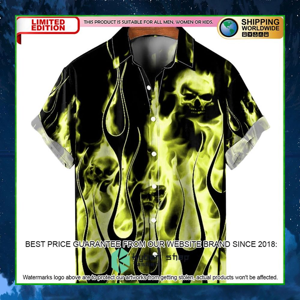 casual green flame skull hawaiian shirt limited edition 4hjae