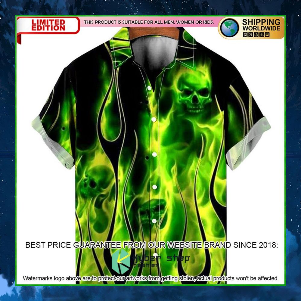 casual green flame skull hawaiian shirt limited edition 94m5t