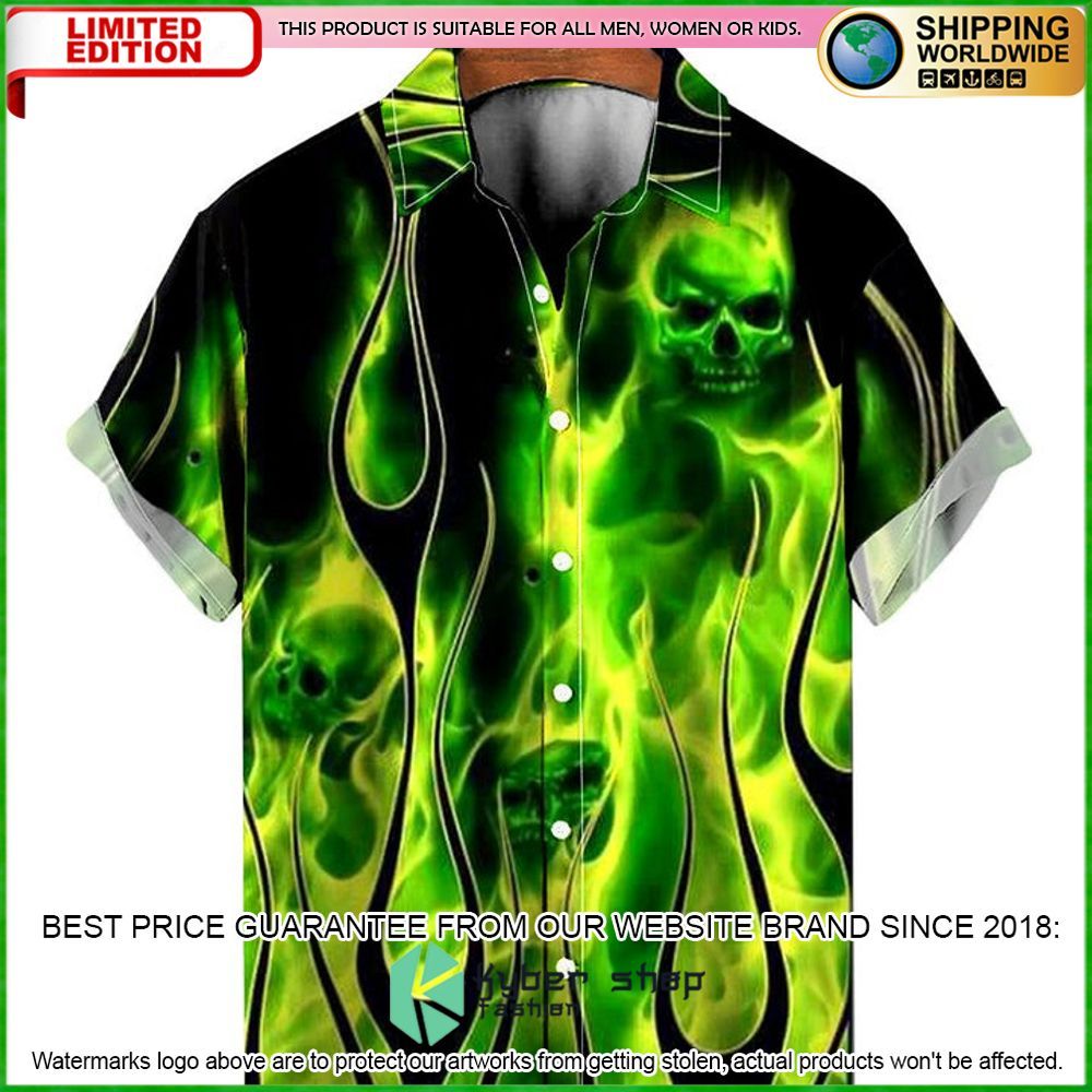 casual green flame skull hawaiian shirt limited edition