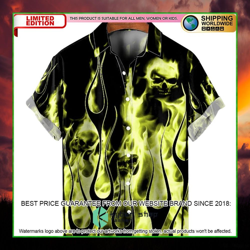 casual green flame skull hawaiian shirt limited edition gt3sh