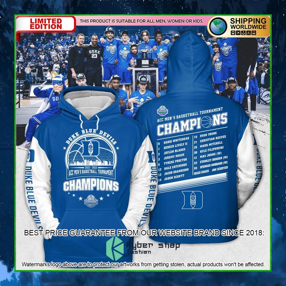 duke blue devils 2023 acc mens basketball conference tournament champions hoodie shirt limited edition kbswa