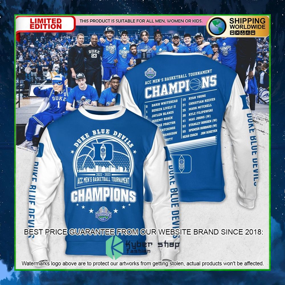 duke blue devils 2023 acc mens basketball conference tournament champions hoodie shirt limited edition lme3k