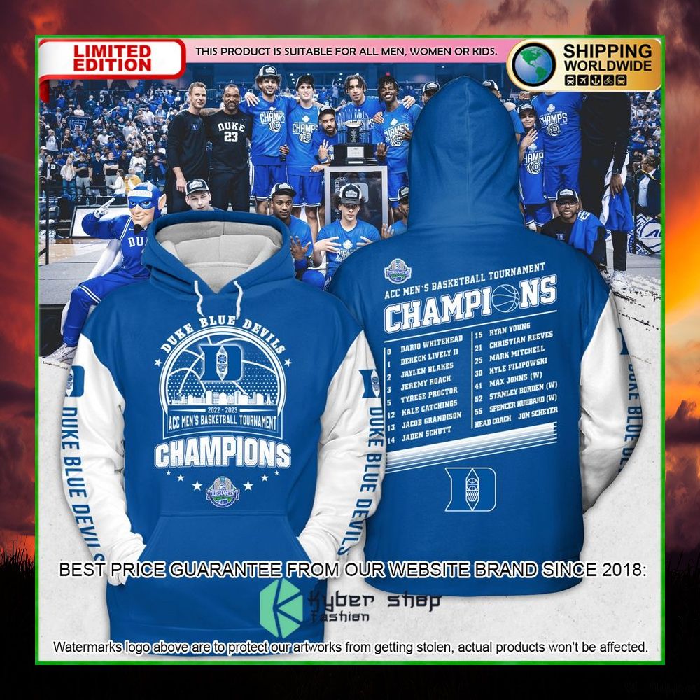 duke blue devils 2023 acc mens basketball conference tournament champions hoodie shirt limited edition