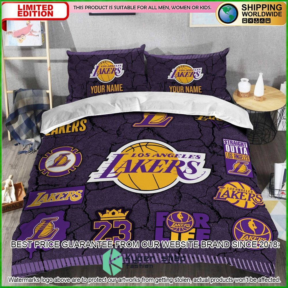 los angeles lakers custom name crack bedding set limited edition oymaq